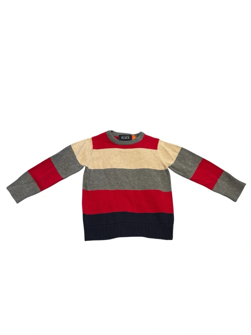The Childrens Place Striped Crewneck Sweater - Red, Gray, Cream, Navy